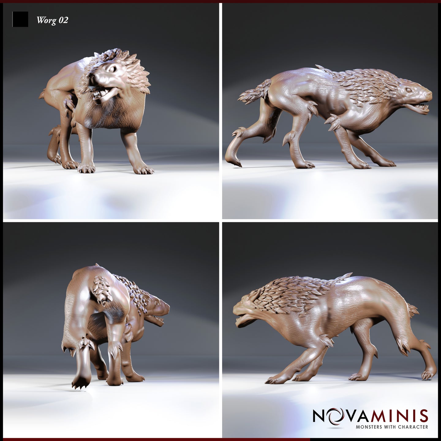 Four-angle digital render of Worg 02 by Novaminis showing front three-quarter, side profile, rear three-quarter, and low side views — highlighting the scaled back mane, splayed clawed feet, muscular flanks, and leaf-tipped tail detail