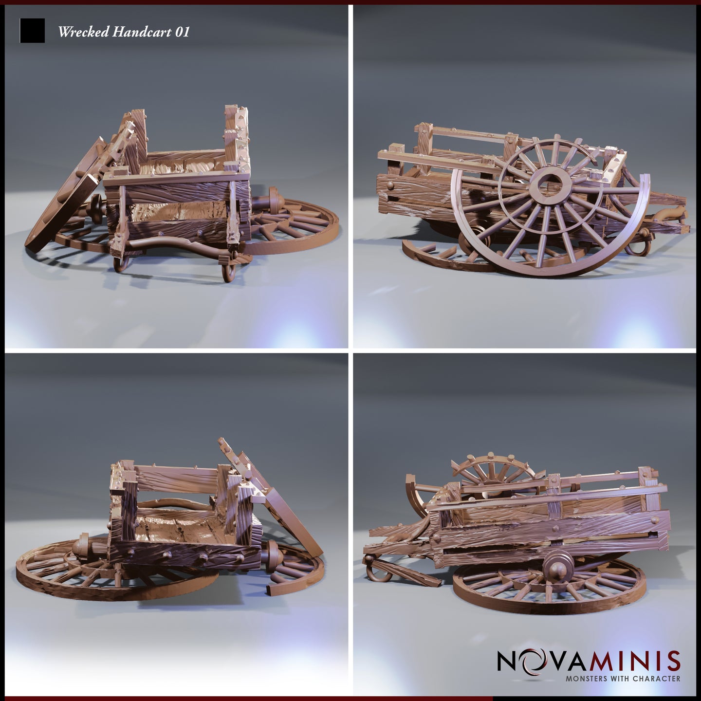 Four-angle digital render of the Novaminis Wrecked Handcart 01 terrain piece, showing front, rear, and both side views. All angles reveal the collapsed wooden cart frame, broken side rails, and two large spoked wheels in varying states of detachment. The sculpt features heavily fractured and splintered timber detail across all surfaces. The model is unpainted in a neutral warm tone, shown against a grey studio background.