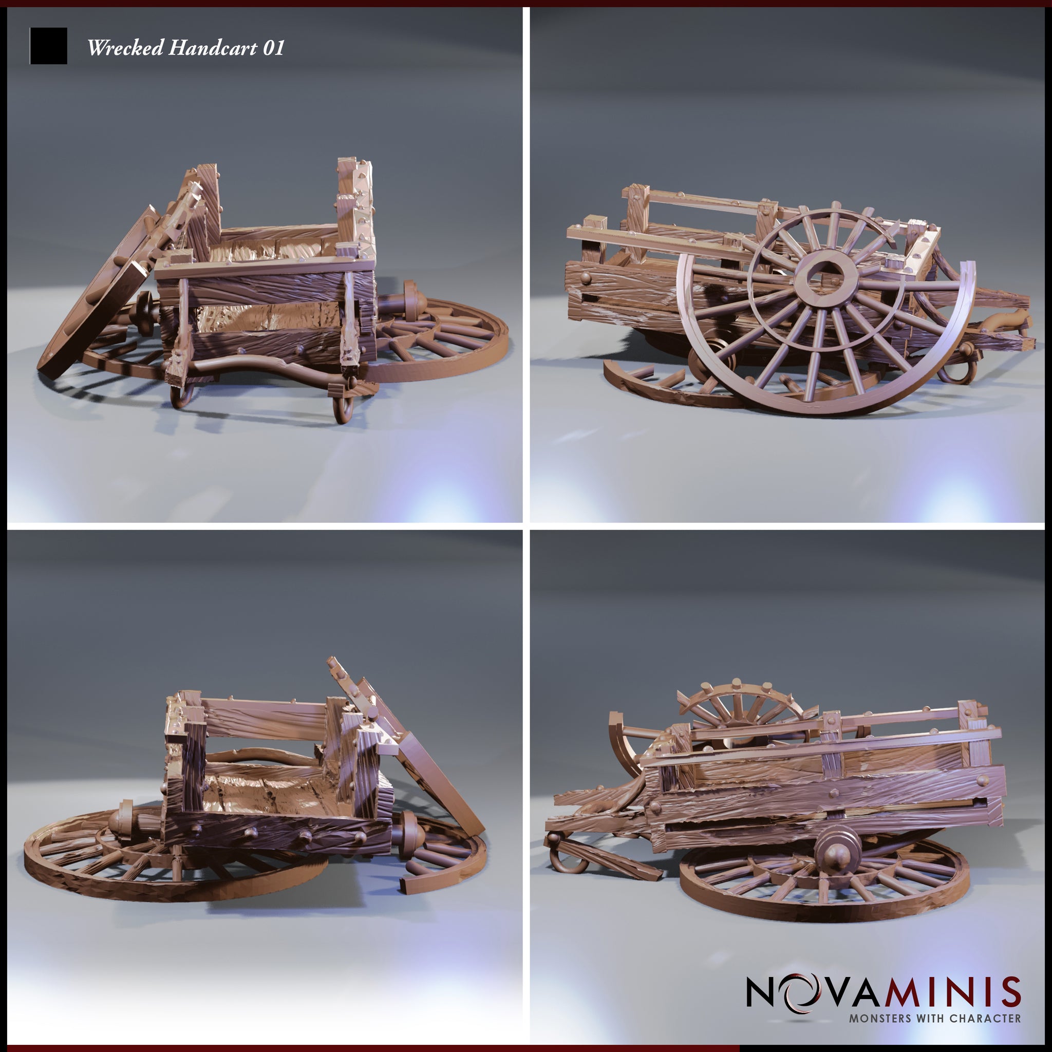 Four-angle digital render of the Novaminis Wrecked Handcart 01 terrain piece, showing front, rear, and both side views. All angles reveal the collapsed wooden cart frame, broken side rails, and two large spoked wheels in varying states of detachment. The sculpt features heavily fractured and splintered timber detail across all surfaces. The model is unpainted in a neutral warm tone, shown against a grey studio background.