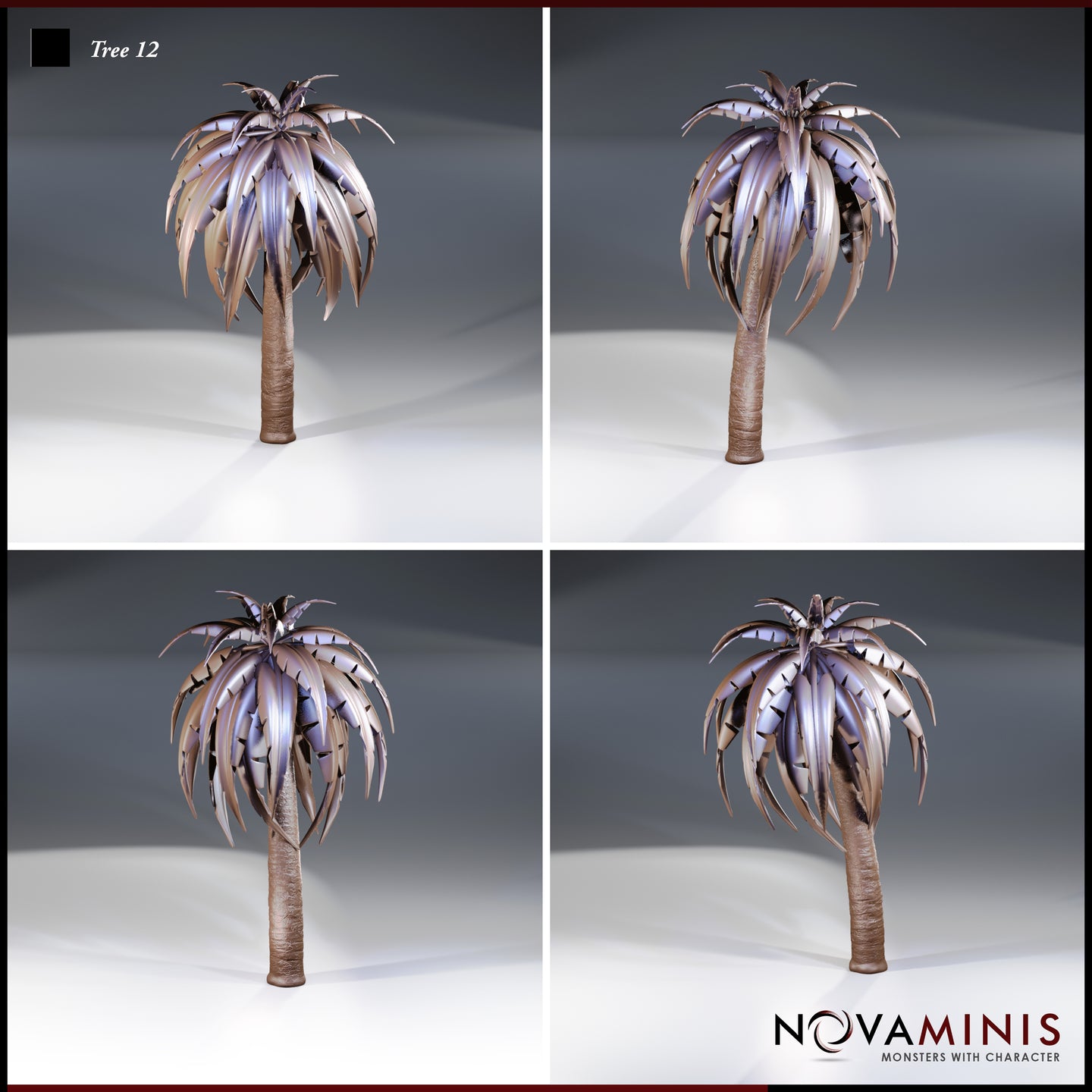 Digital render showing four size and lean variations of Tree 12 by Novaminis — four palm-like scatter terrain trees arranged in a quad view, each with a serrated leaf canopy in purple-brown tones, varying in trunk height and angle to provide organic table variety.