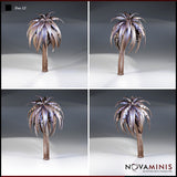 Digital render showing four size and lean variations of Tree 12 by Novaminis — four palm-like scatter terrain trees arranged in a quad view, each with a serrated leaf canopy in purple-brown tones, varying in trunk height and angle to provide organic table variety.