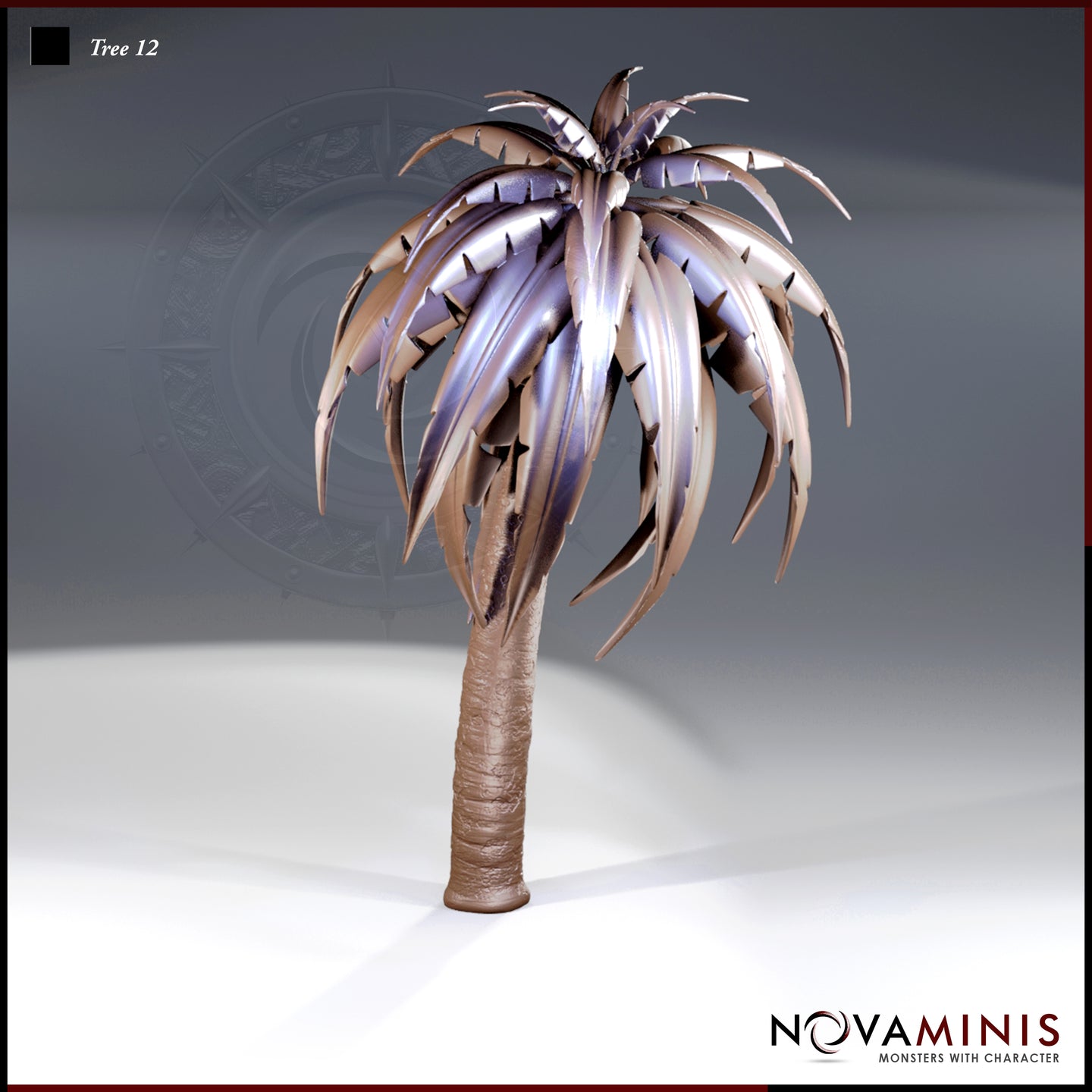 Digital render of Tree 12 by Novaminis — an otherworldly palm-like scatter terrain piece with a thick ridged trunk and a dramatic crown of long, serrated, blade-edged leaves shown in muted purple and brown tones, displayed against a grey gradient background.