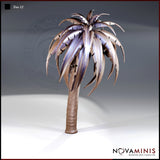 Digital render of Tree 12 by Novaminis — an otherworldly palm-like scatter terrain piece with a thick ridged trunk and a dramatic crown of long, serrated, blade-edged leaves shown in muted purple and brown tones, displayed against a grey gradient background.