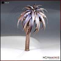 Digital render of Tree 12 by Novaminis — an otherworldly palm-like scatter terrain piece with a thick ridged trunk and a dramatic crown of long, serrated, blade-edged leaves shown in muted purple and brown tones, displayed against a grey gradient background.