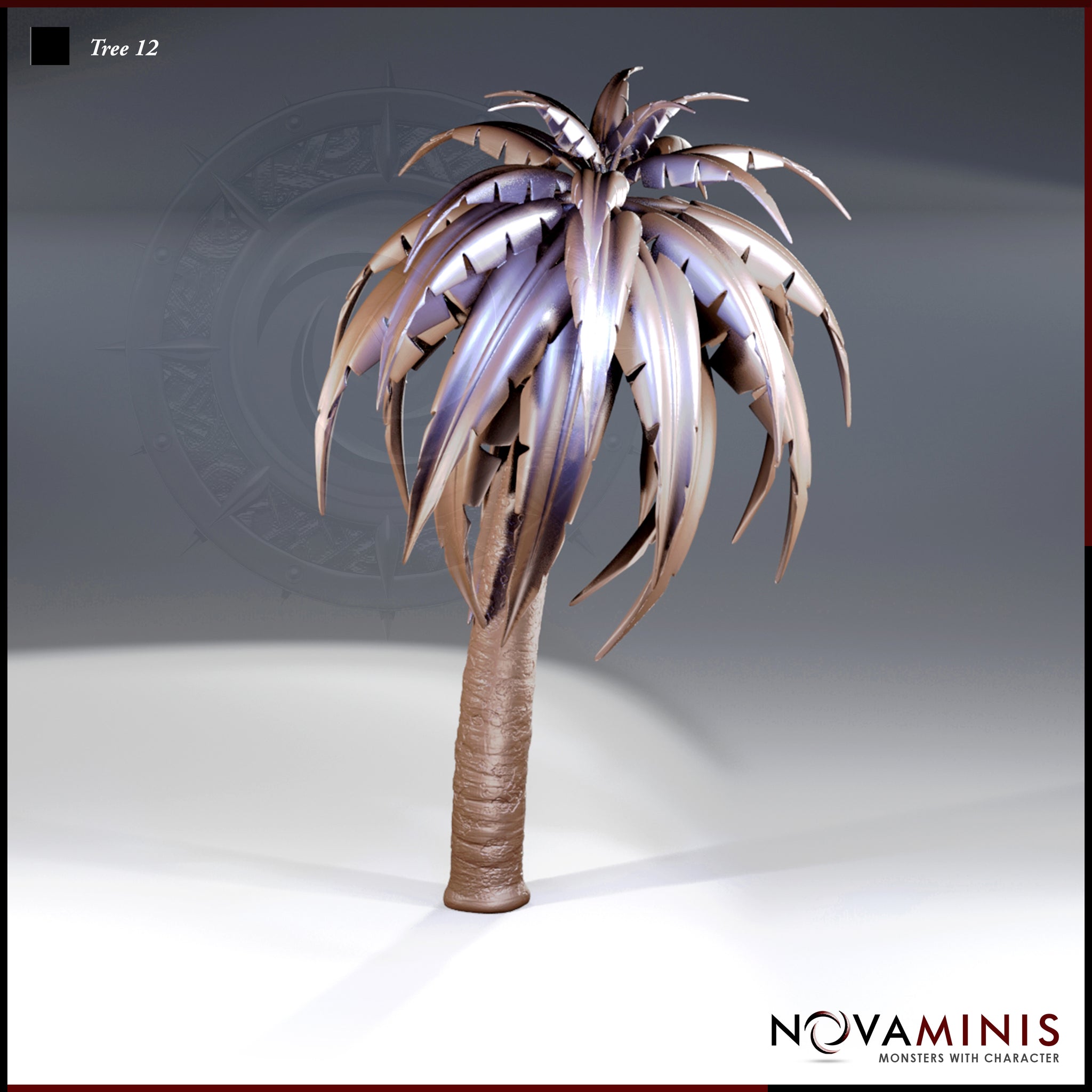 Digital render of Tree 12 by Novaminis — an otherworldly palm-like scatter terrain piece with a thick ridged trunk and a dramatic crown of long, serrated, blade-edged leaves shown in muted purple and brown tones, displayed against a grey gradient background.