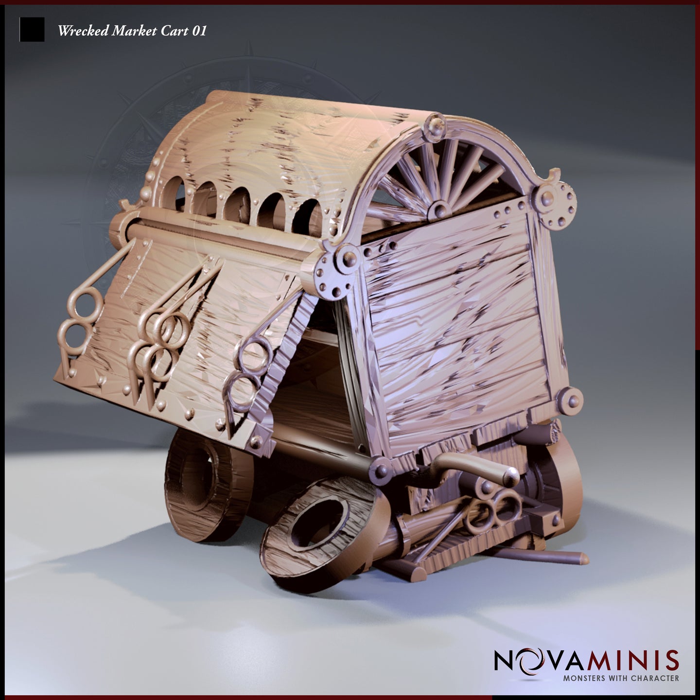 Digital render of Wrecked Market Cart 01 by Novaminis — a broken covered merchant's cart shown in bare resin finish, with a splintered barrel-vaulted canopy, bent ornate ironwork, and a tilted frame resting on damaged wooden wheels, viewed from a three-quarter rear angle