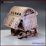 Digital render of Wrecked Market Cart 01 by Novaminis — a broken covered merchant's cart shown in bare resin finish, with a splintered barrel-vaulted canopy, bent ornate ironwork, and a tilted frame resting on damaged wooden wheels, viewed from a three-quarter rear angle