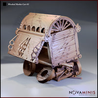 Digital render of Wrecked Market Cart 01 by Novaminis — a broken covered merchant's cart shown in bare resin finish, with a splintered barrel-vaulted canopy, bent ornate ironwork, and a tilted frame resting on damaged wooden wheels, viewed from a three-quarter rear angle