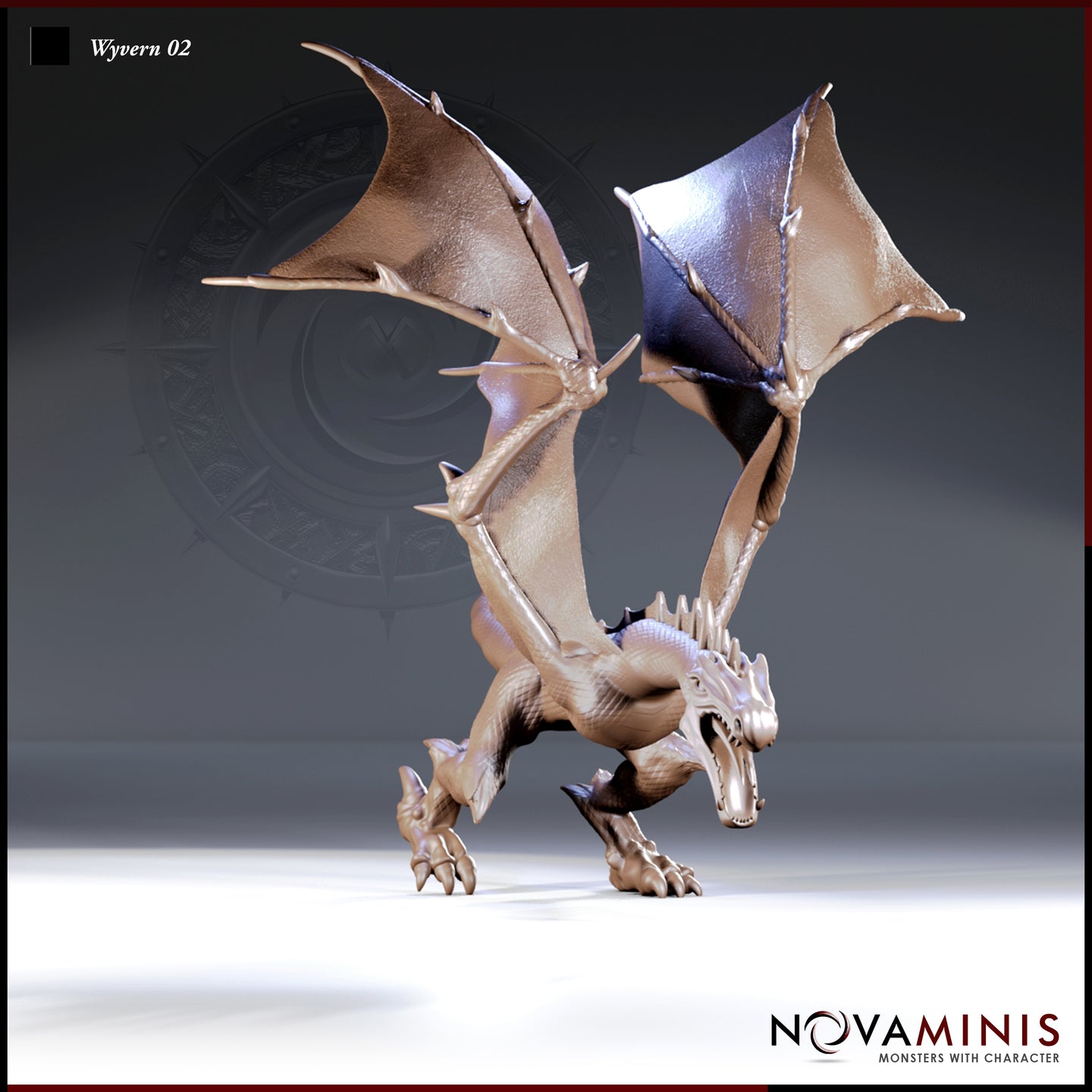 Digital render of the Novaminis Wyvern 02 miniature in unpainted resin, shown in a three-quarter front view. The wyvern stands with forelimbs braced on the ground, jaws open wide in a threat display, dorsal spines raised along neck and back, and both large leathery wings spread high above its body. The wing membranes show ribbed strut detail and subtle tonal variation.