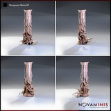 Four-angle digital render of Overgrown Ruins 02 showing front, back, left, and right views of the vine-wrapped ancient column scatter terrain piece, revealing the organic root detailing and floral clusters at the base from all sides.