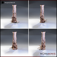 Four-angle digital render of Overgrown Ruins 02 showing front, back, left, and right views of the vine-wrapped ancient column scatter terrain piece, revealing the organic root detailing and floral clusters at the base from all sides.