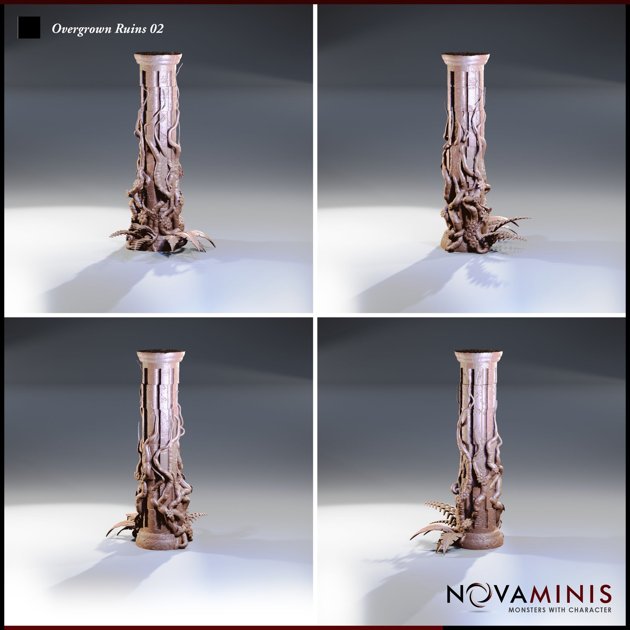 Four-angle digital render of Overgrown Ruins 02 showing front, back, left, and right views of the vine-wrapped ancient column scatter terrain piece, revealing the organic root detailing and floral clusters at the base from all sides.