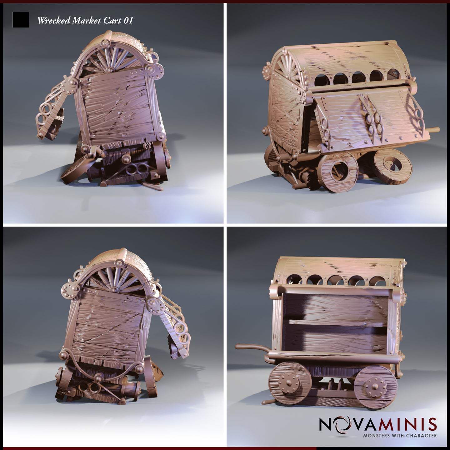 Four-angle digital render of Wrecked Market Cart 01 by Novaminis showing all sides of the wrecked covered cart — visible details include torn canopy panels, cracked side boards, decorative ironwork, chunky wooden wheels, and an open empty interior, all in bare resin finish