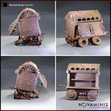 Four-angle digital render of Wrecked Market Cart 01 by Novaminis showing all sides of the wrecked covered cart — visible details include torn canopy panels, cracked side boards, decorative ironwork, chunky wooden wheels, and an open empty interior, all in bare resin finish