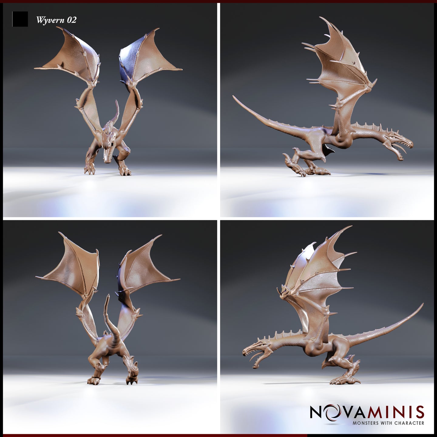 Four-angle digital render sheet of the Novaminis Wyvern 02 miniature showing front, side profile, rear, and three-quarter rear views. The sculpt displays a wyvern in a low aggressive stance with open jaws, fully spread wings with barbed spurs on the leading edges, hooked claws on both forelimbs, a long spiked tail, and detailed scaled body texture throughout.