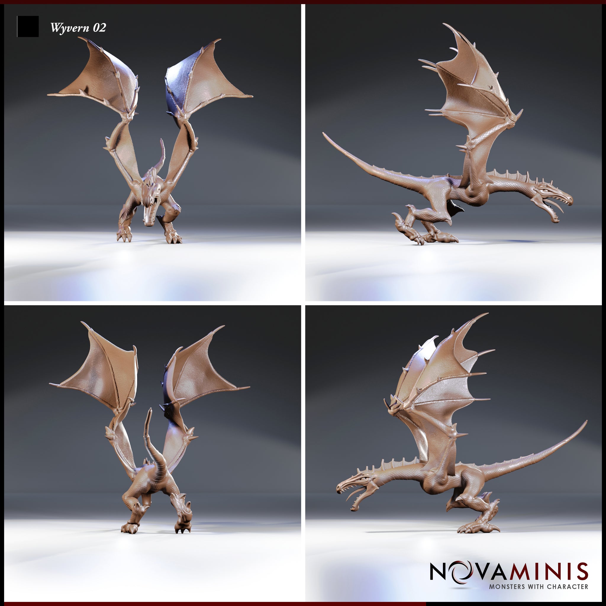 Four-angle digital render sheet of the Novaminis Wyvern 02 miniature showing front, side profile, rear, and three-quarter rear views. The sculpt displays a wyvern in a low aggressive stance with open jaws, fully spread wings with barbed spurs on the leading edges, hooked claws on both forelimbs, a long spiked tail, and detailed scaled body texture throughout.