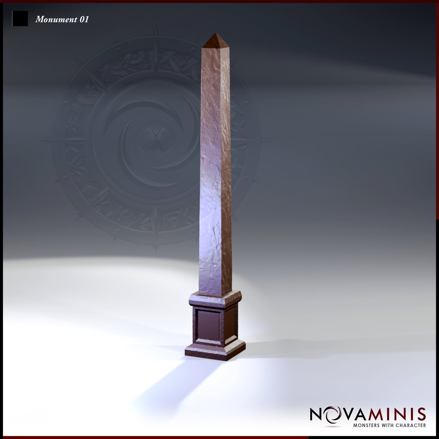 Digital render of a tall stone obelisk scatter terrain piece on a square stepped plinth, shown in three-quarter view with fine stone texture across the shaft — Monument 01 by Novaminis, unpainted resin terrain for 32mm D&D and tabletop RPGs