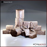 Digital render of Overgrown Ruins 03 scatter terrain set by Novaminis — unpainted grey resin showing a cracked cylindrical stone column rising from a scatter of tumbled masonry blocks, with thick vines, creeping roots, broad-leafed plants and a single flower growing through the rubble. Multiple loose stone blocks visible around the base.