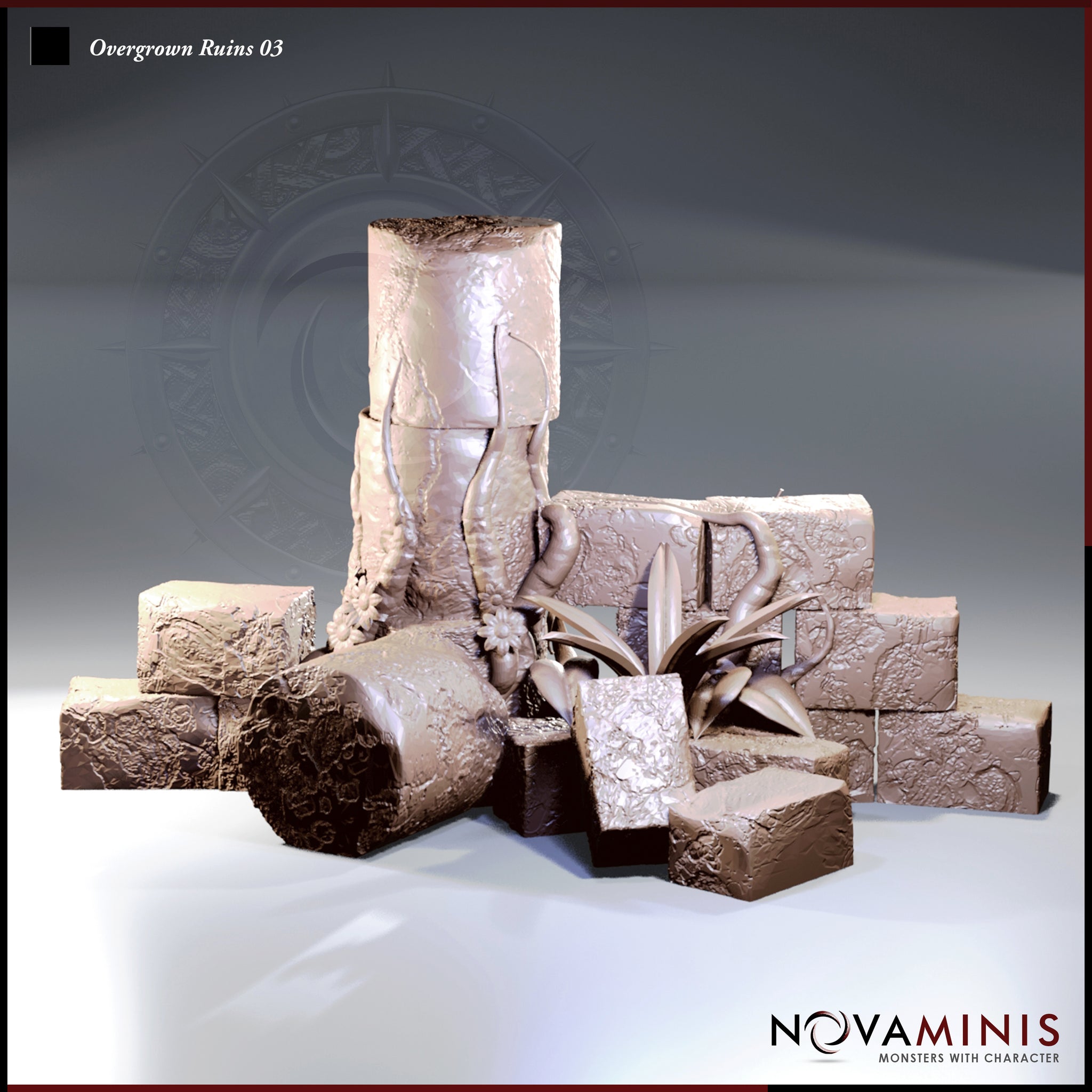 Digital render of Overgrown Ruins 03 scatter terrain set by Novaminis — unpainted grey resin showing a cracked cylindrical stone column rising from a scatter of tumbled masonry blocks, with thick vines, creeping roots, broad-leafed plants and a single flower growing through the rubble. Multiple loose stone blocks visible around the base.