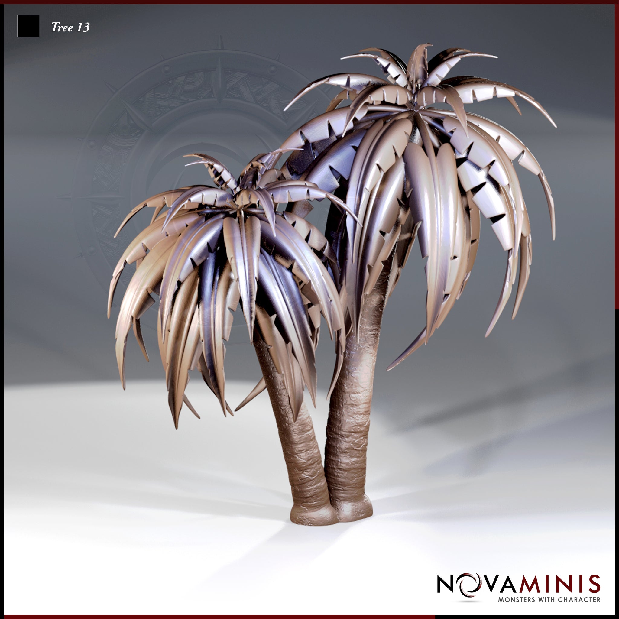Digital render of two Novaminis palm tree scatter terrain variants — a twin-trunked palm cluster and a single-trunked palm — showing detailed segmented fronds and textured bark, displayed against a neutral grey background, unpainted resin render in warm brown and purple tones