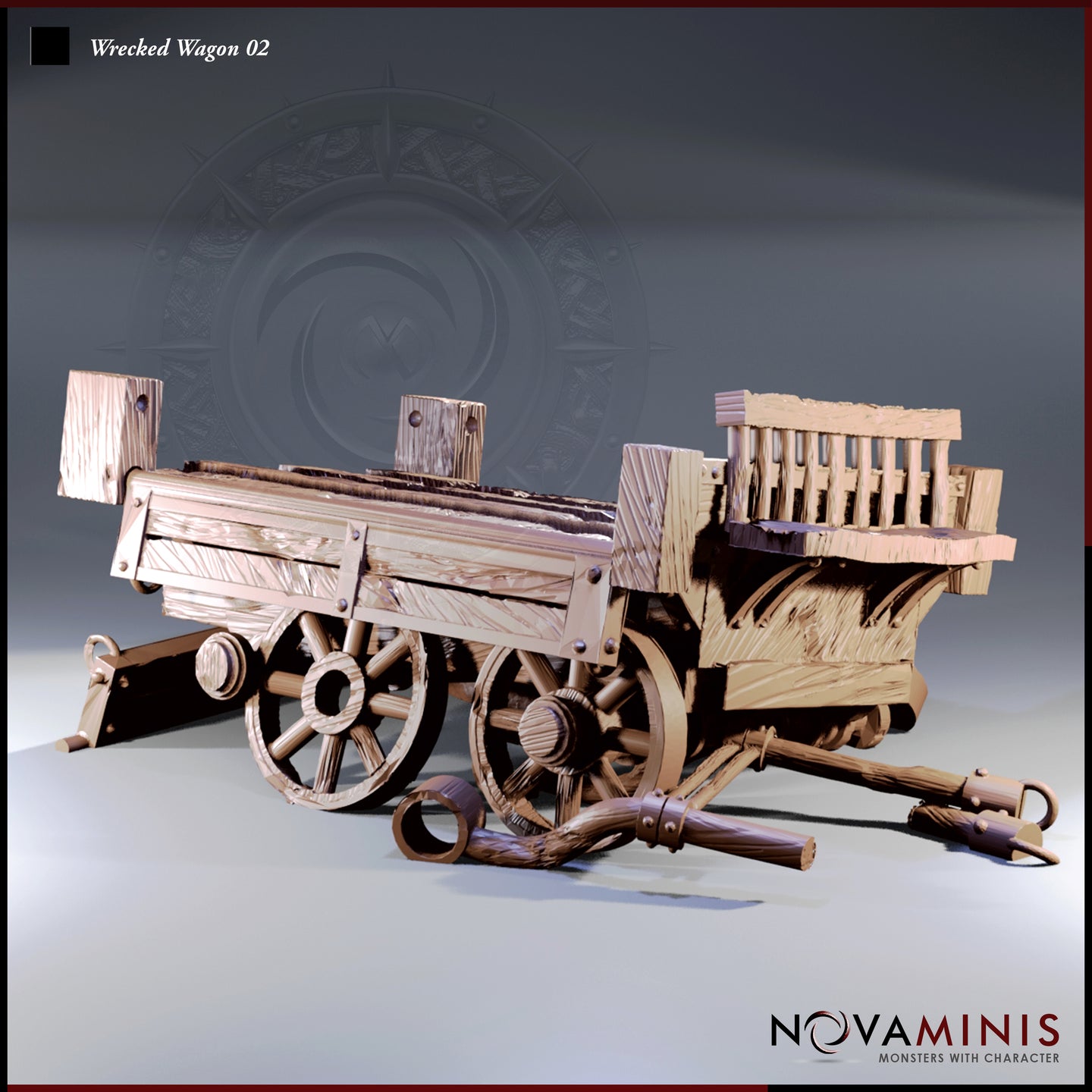 Digital render of Wrecked Wagon 02 by Novaminis — a collapsed merchant wagon seen from a three-quarter front angle, with one wheel on the ground, the body tilting sharply, a broken slatted fence section at the rear, and the harness tongue lying loose across the ground. Unpainted resin-coloured render showing deep wood grain texture and iron bolt detail throughout.