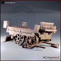 Digital render of Wrecked Wagon 02 by Novaminis — a collapsed merchant wagon seen from a three-quarter front angle, with one wheel on the ground, the body tilting sharply, a broken slatted fence section at the rear, and the harness tongue lying loose across the ground. Unpainted resin-coloured render showing deep wood grain texture and iron bolt detail throughout.