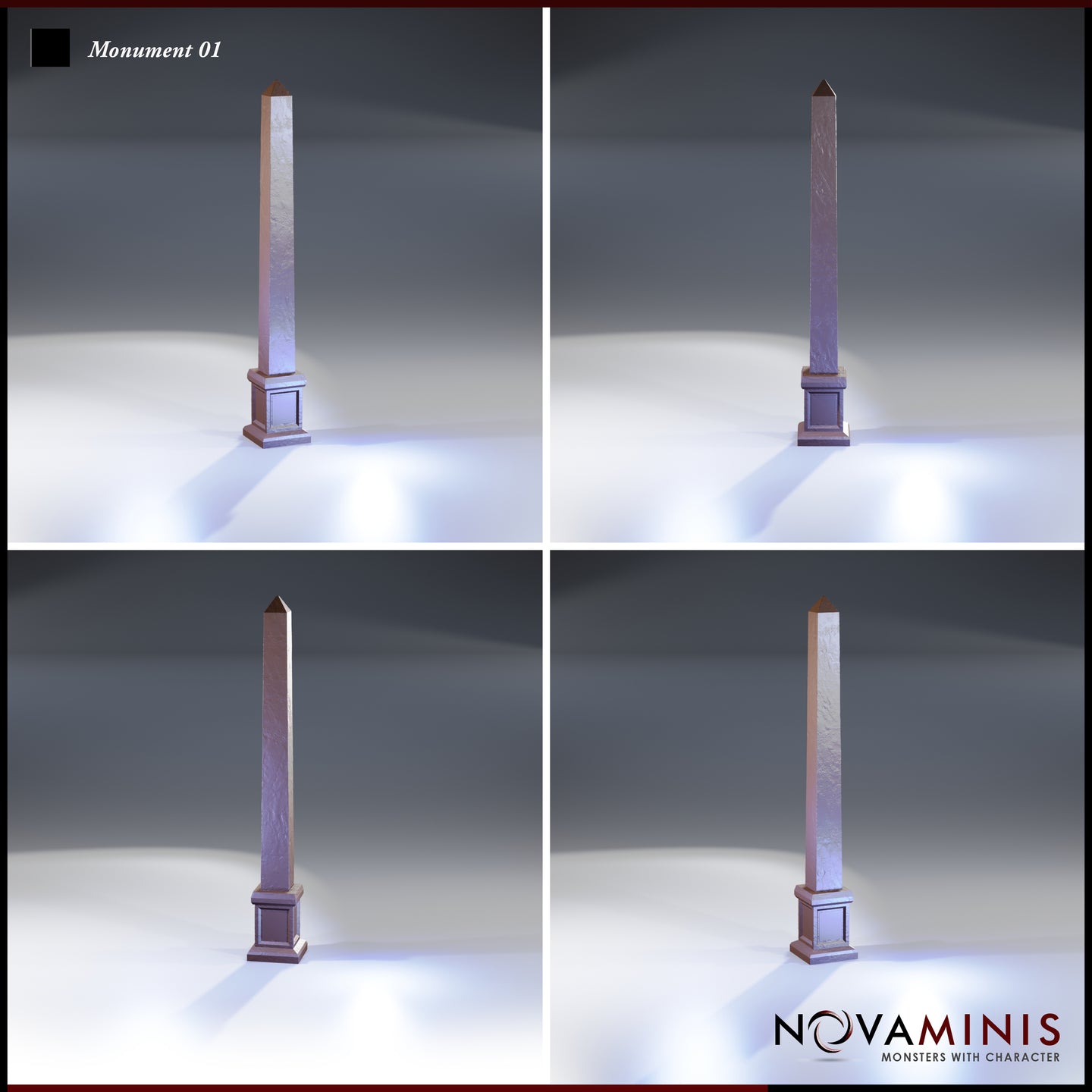 Four-angle digital render of the Monument 01 obelisk terrain piece by Novaminis, showing front, back, and side profiles of the tall tapering stone pillar on its square plinth — unpainted resin scatter terrain compatible with D&D and Pathfinder