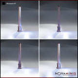 Four-angle digital render of the Monument 01 obelisk terrain piece by Novaminis, showing front, back, and side profiles of the tall tapering stone pillar on its square plinth — unpainted resin scatter terrain compatible with D&D and Pathfinder