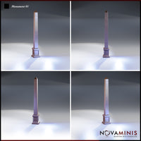 Four-angle digital render of the Monument 01 obelisk terrain piece by Novaminis, showing front, back, and side profiles of the tall tapering stone pillar on its square plinth — unpainted resin scatter terrain compatible with D&D and Pathfinder