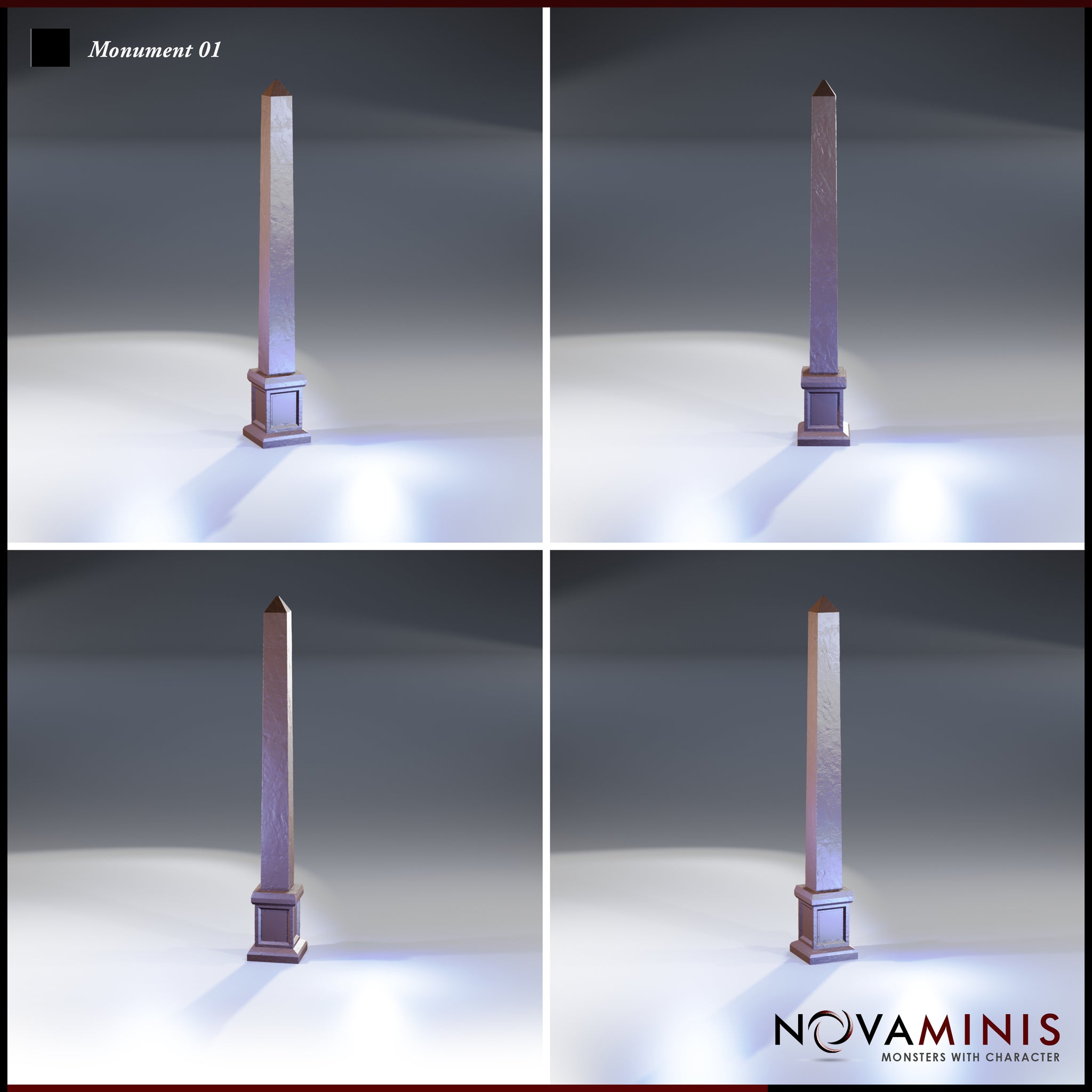 Four-angle digital render of the Monument 01 obelisk terrain piece by Novaminis, showing front, back, and side profiles of the tall tapering stone pillar on its square plinth — unpainted resin scatter terrain compatible with D&D and Pathfinder