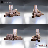 Four-angle digital render of Overgrown Ruins 03 by Novaminis — unpainted grey resin terrain piece showing a cracked stone column surrounded by fallen masonry blocks with vines, roots, and leafy plants growing through the stonework. Front, back, left and right views showing full detail of the column and overgrown rubble scatter.