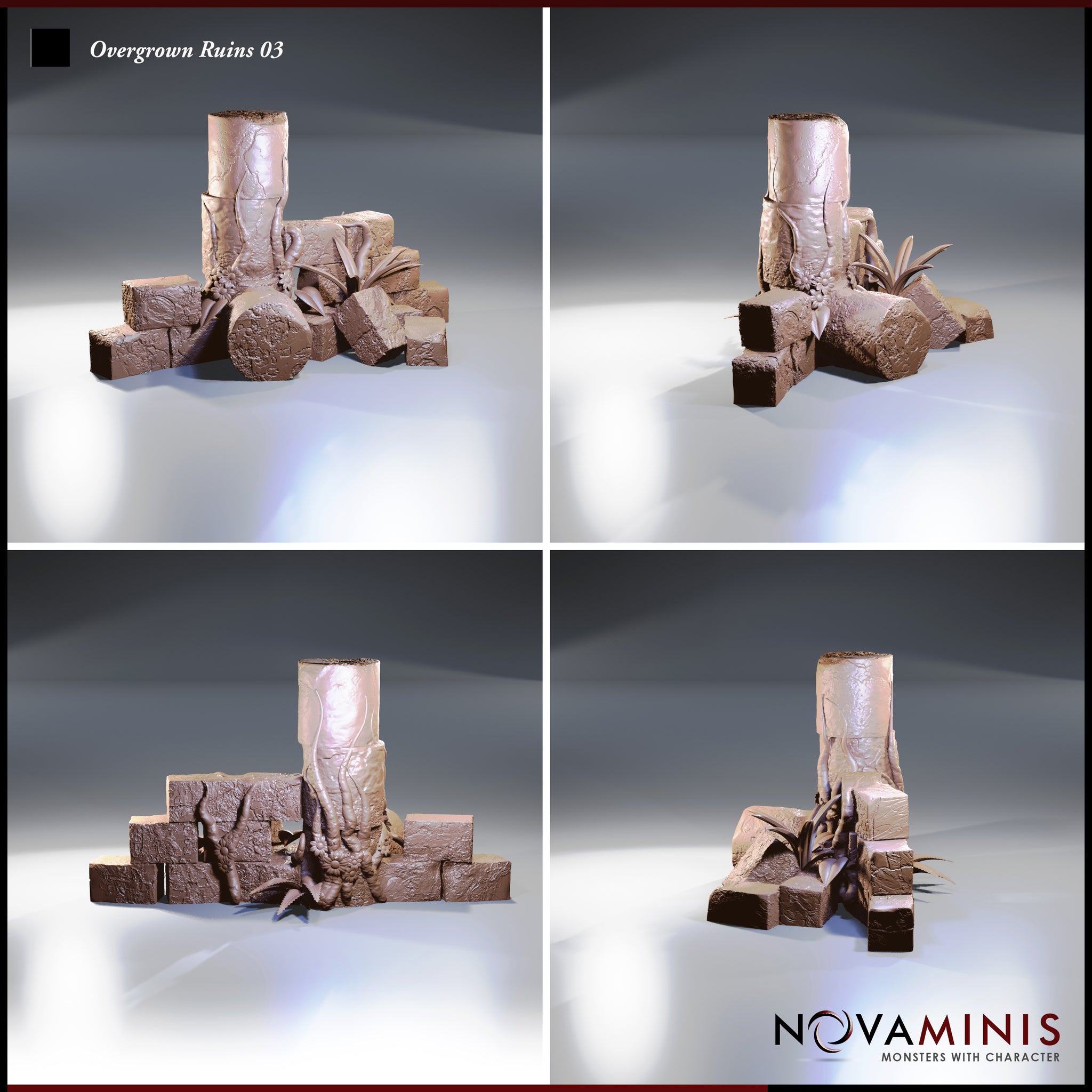 Four-angle digital render of Overgrown Ruins 03 by Novaminis — unpainted grey resin terrain piece showing a cracked stone column surrounded by fallen masonry blocks with vines, roots, and leafy plants growing through the stonework. Front, back, left and right views showing full detail of the column and overgrown rubble scatter.