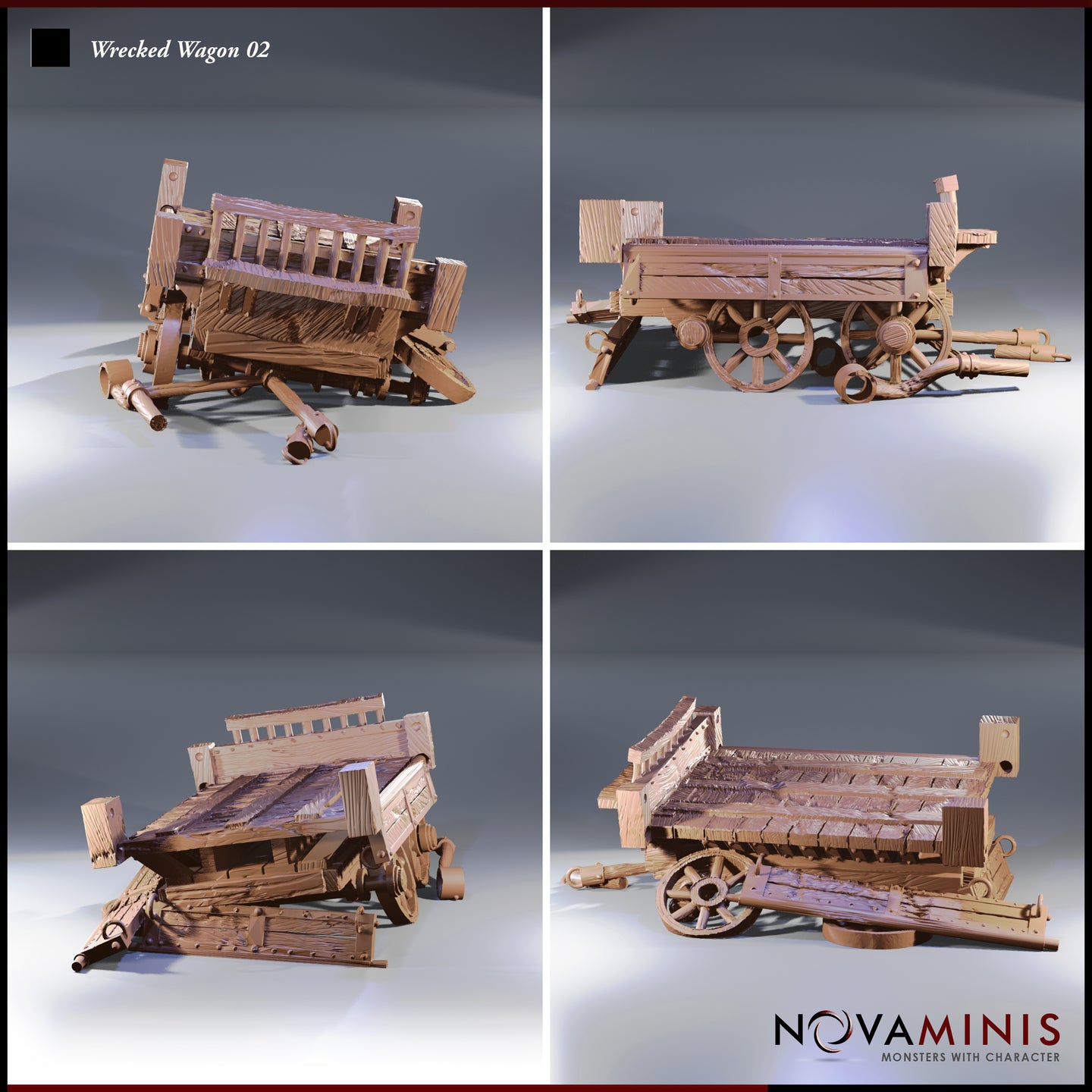 Four-angle digital render of Wrecked Wagon 02 by Novaminis showing front-left, right side, rear three-quarter, and low front perspectives. The wagon is heavily damaged with splintered planks, a collapsed rear fence, and scattered harness components. Unpainted render highlighting the detailed wood grain, ironwork, and multi-piece broken construction.