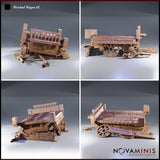 Four-angle digital render of Wrecked Wagon 02 by Novaminis showing front-left, right side, rear three-quarter, and low front perspectives. The wagon is heavily damaged with splintered planks, a collapsed rear fence, and scattered harness components. Unpainted render highlighting the detailed wood grain, ironwork, and multi-piece broken construction.