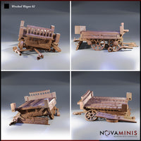 Four-angle digital render of Wrecked Wagon 02 by Novaminis showing front-left, right side, rear three-quarter, and low front perspectives. The wagon is heavily damaged with splintered planks, a collapsed rear fence, and scattered harness components. Unpainted render highlighting the detailed wood grain, ironwork, and multi-piece broken construction.