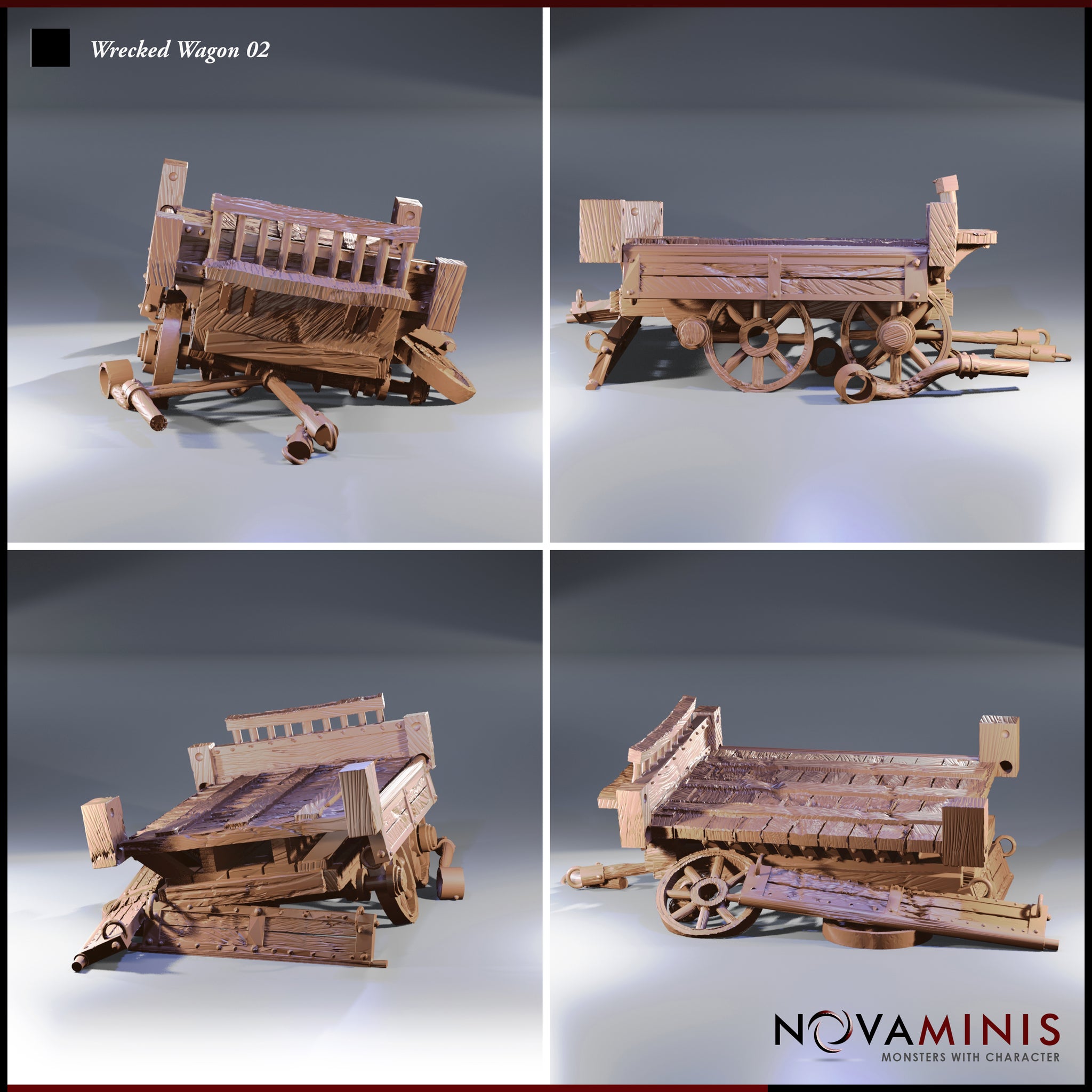 Four-angle digital render of Wrecked Wagon 02 by Novaminis showing front-left, right side, rear three-quarter, and low front perspectives. The wagon is heavily damaged with splintered planks, a collapsed rear fence, and scattered harness components. Unpainted render highlighting the detailed wood grain, ironwork, and multi-piece broken construction.