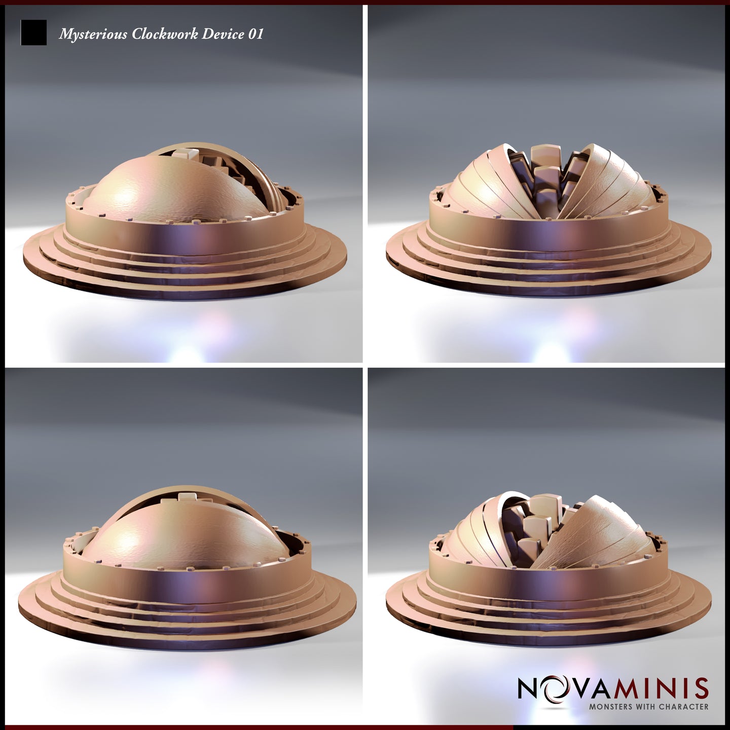 Digital render showing four angles of the Mysterious Clockwork Device 01 by Novaminis — top-left and bottom-left show the dome closed and smooth; top-right and bottom-right show the dome fully open with curved panels splayed wide and inner mechanisms exposed, all on a tiered circular plinth base