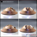 Digital render showing four angles of the Mysterious Clockwork Device 01 by Novaminis — top-left and bottom-left show the dome closed and smooth; top-right and bottom-right show the dome fully open with curved panels splayed wide and inner mechanisms exposed, all on a tiered circular plinth base