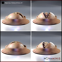 Digital render showing four angles of the Mysterious Clockwork Device 01 by Novaminis — top-left and bottom-left show the dome closed and smooth; top-right and bottom-right show the dome fully open with curved panels splayed wide and inner mechanisms exposed, all on a tiered circular plinth base