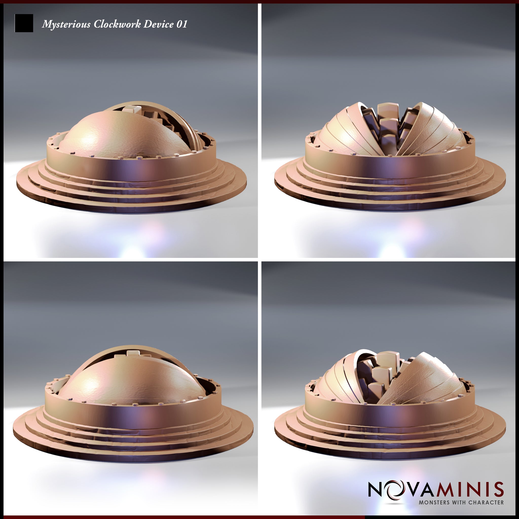 Digital render showing four angles of the Mysterious Clockwork Device 01 by Novaminis — top-left and bottom-left show the dome closed and smooth; top-right and bottom-right show the dome fully open with curved panels splayed wide and inner mechanisms exposed, all on a tiered circular plinth base