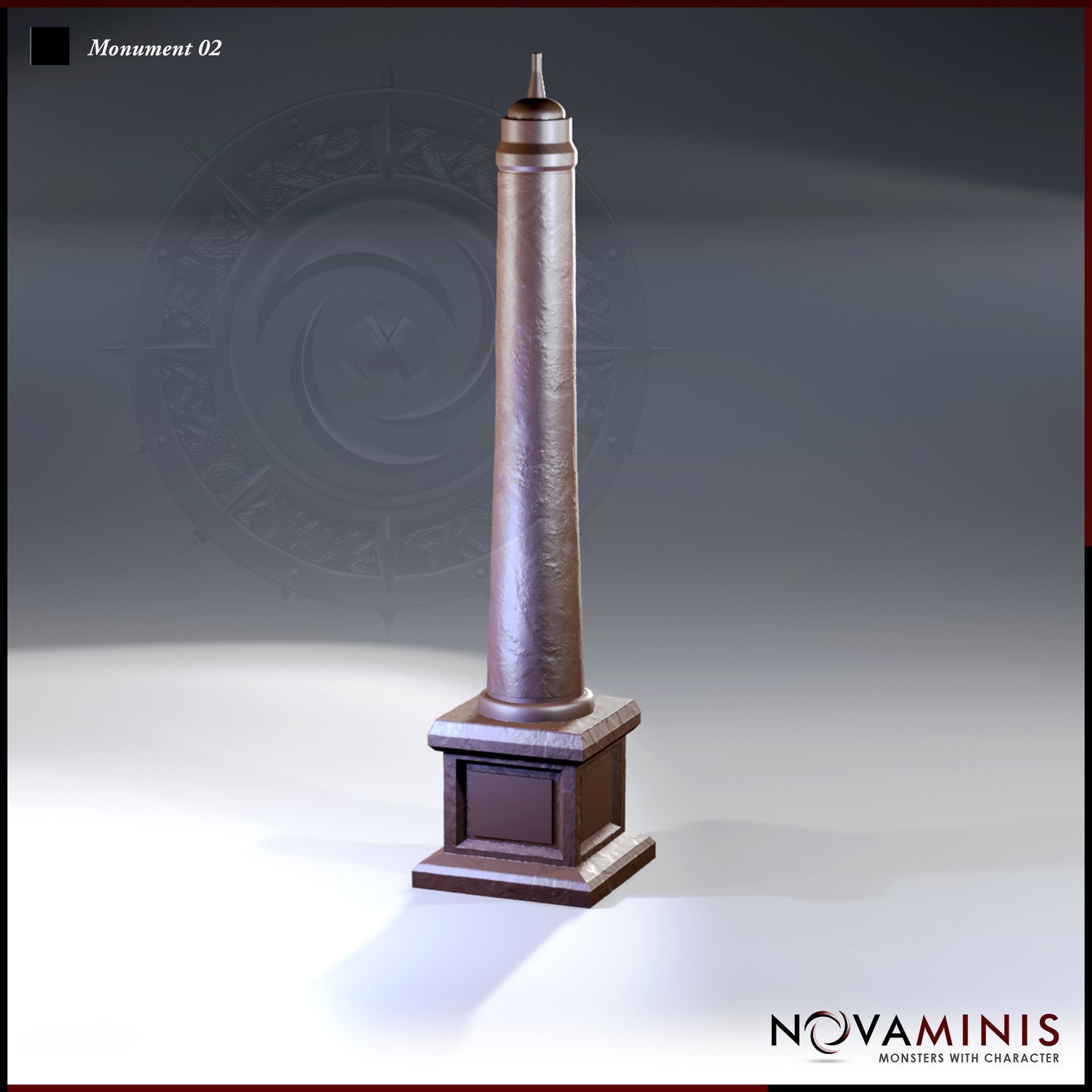 Digital render of Monument 02 by Novaminis — a tall tapered stone obelisk with aged surface texture, a rounded finial cap and spire tip, mounted on a two-tiered square plinth with a recessed decorative panel on the front face. Unpainted grey resin terrain piece shown against a neutral studio background.
