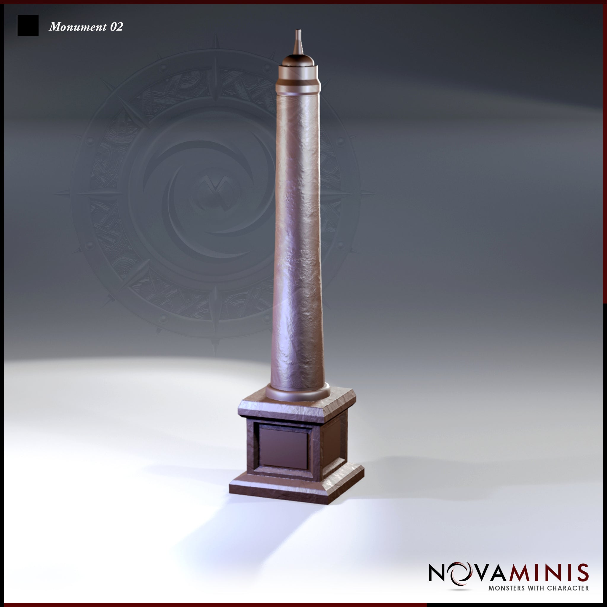 Digital render of Monument 02 by Novaminis — a tall tapered stone obelisk with aged surface texture, a rounded finial cap and spire tip, mounted on a two-tiered square plinth with a recessed decorative panel on the front face. Unpainted grey resin terrain piece shown against a neutral studio background.