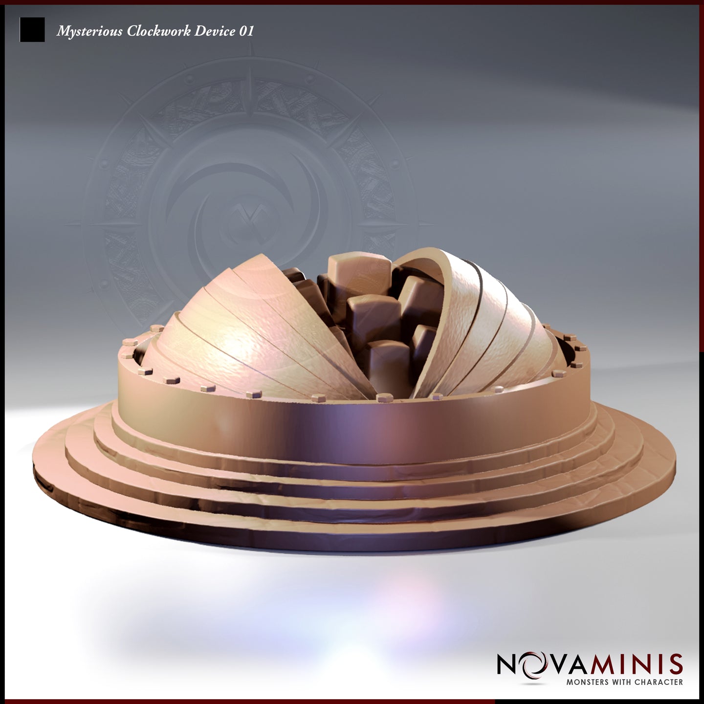 Digital render of the Mysterious Clockwork Device 01 by Novaminis — a domed brass scatter terrain piece on a wide tiered circular plinth, shown with its segmented shell irised open, curved panels peeling back to reveal a cluttered interior of mechanical blocks and cog-like components