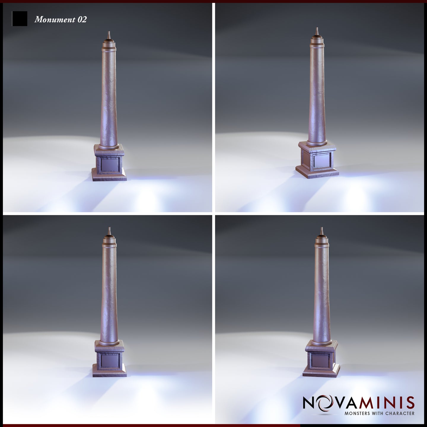 Four-angle digital render of Monument 02 by Novaminis showing the obelisk terrain piece from front, side, and angled perspectives, highlighting the tapered column, worn stone surface detail, brass-effect finial cap, and stepped square plinth base with recessed panel. Unpainted grey resin scatter terrain for 28mm–32mm tabletop RPGs.