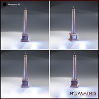 Four-angle digital render of Monument 02 by Novaminis showing the obelisk terrain piece from front, side, and angled perspectives, highlighting the tapered column, worn stone surface detail, brass-effect finial cap, and stepped square plinth base with recessed panel. Unpainted grey resin scatter terrain for 28mm–32mm tabletop RPGs.
