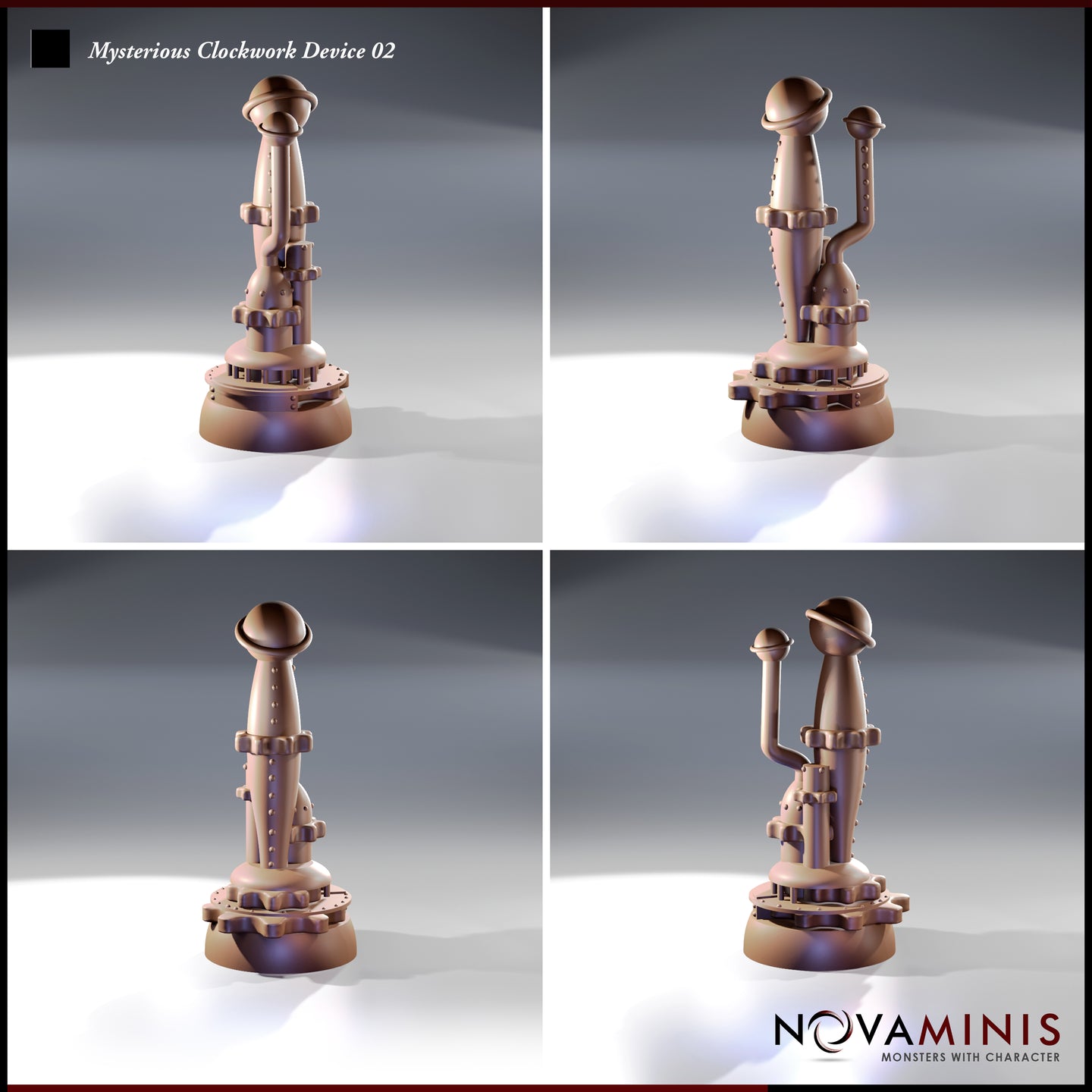 Four-angle digital render of Mysterious Clockwork Device 02 showing front, back, left, and right views — detailing the vertical shaft, flanking pipe arm, dual dome finials, riveted collar rings, and toothed gear base platform in unpainted copper-toned resin.