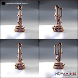 Four-angle digital render of Mysterious Clockwork Device 02 showing front, back, left, and right views — detailing the vertical shaft, flanking pipe arm, dual dome finials, riveted collar rings, and toothed gear base platform in unpainted copper-toned resin.