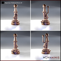 Four-angle digital render of Mysterious Clockwork Device 02 showing front, back, left, and right views — detailing the vertical shaft, flanking pipe arm, dual dome finials, riveted collar rings, and toothed gear base platform in unpainted copper-toned resin.