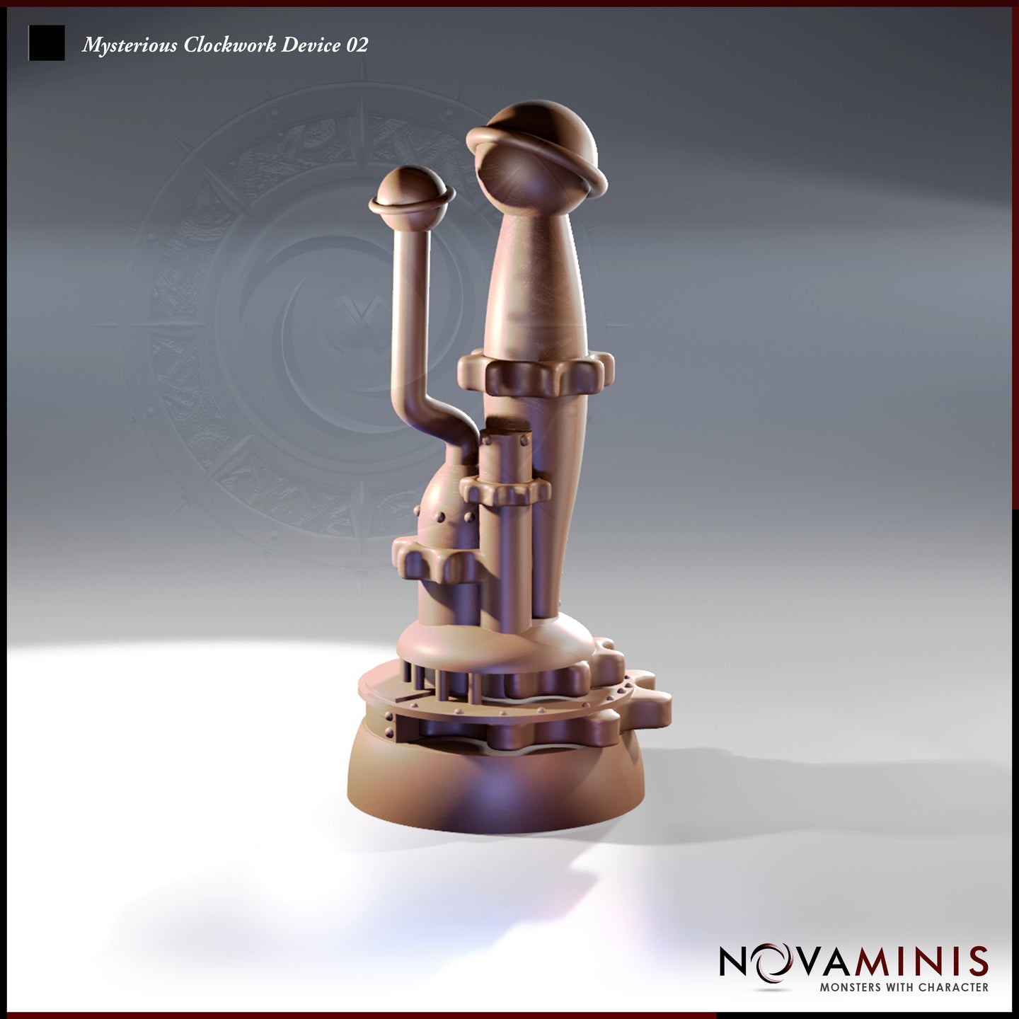 Digital render of Mysterious Clockwork Device 02 — a tall cylindrical steampunk scatter terrain piece with a curved pipe arm, dome-capped protrusions, segmented collar rings, and a wide riveted gear base, shown in unpainted copper-toned resin from a three-quarter front angle.