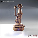 Digital render of Mysterious Clockwork Device 02 — a tall cylindrical steampunk scatter terrain piece with a curved pipe arm, dome-capped protrusions, segmented collar rings, and a wide riveted gear base, shown in unpainted copper-toned resin from a three-quarter front angle.